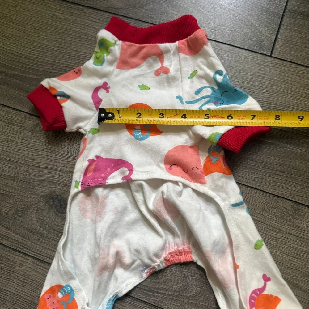 Small Dog Pajamas Mermaid Ocean Print White Red Ribbed Trim Onesie Sleepwear S